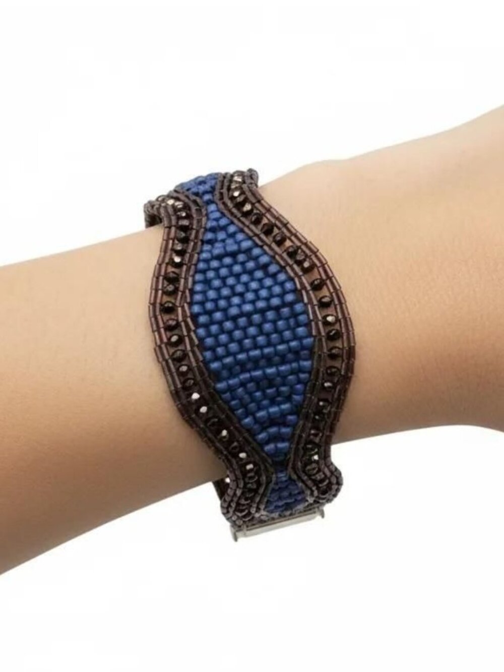 Blue & Brown Glass Bead, Sterling Silver Box Clasp Chunky Bracelet, 6.5" Long